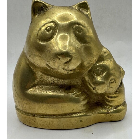 Vintage Mid Century 4” Brass Bank Panda Bear w Baby Panda Statue MCM - Picture 1 of 4